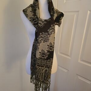Accessory Street Multicolored Metallic Gold/Brown Long Fringed Scarf
